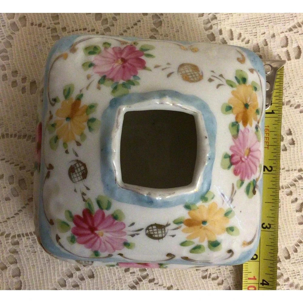 Vintage Hand-Painted Floral Porcelain Hair Receiver or TrinketBox